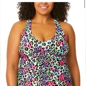 NWT Salt + Cove Trendy Plus Size Leopard Love Cinch-Front X-Back Tankini Top,